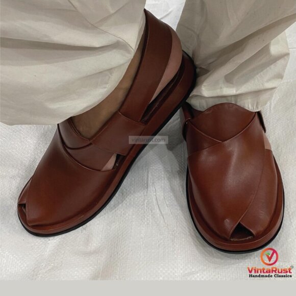 Men’s Brown Leather Peshawari Chappal: Traditional Leather Footwear Sandals